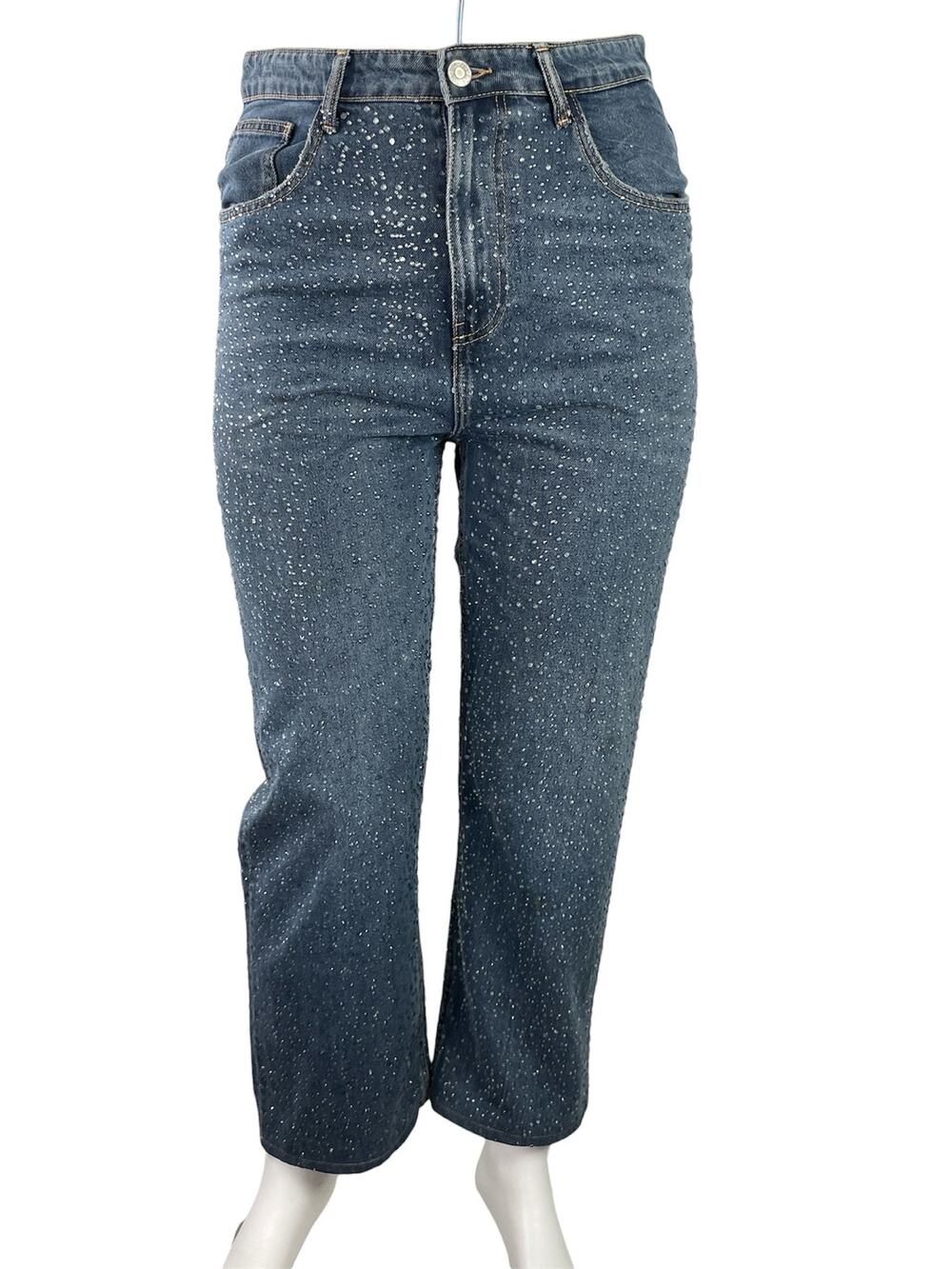 Zara Women's Blue Rhinestone Embellished Straight Wide Leg Denim Jeans Pants 12